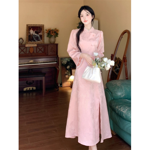 高級國風改良旗袍日常可穿春秋大碼胖mm新中式精緻盤釦粉色連衣裙