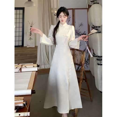 高級國風改良旗袍日常可穿春秋大碼胖mm新中式精緻盤釦粉色連衣裙