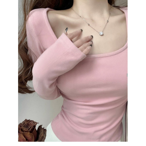 方領粉色內搭德絨打底衫女秋冬2025新款chic長袖t恤純欲低領上衣