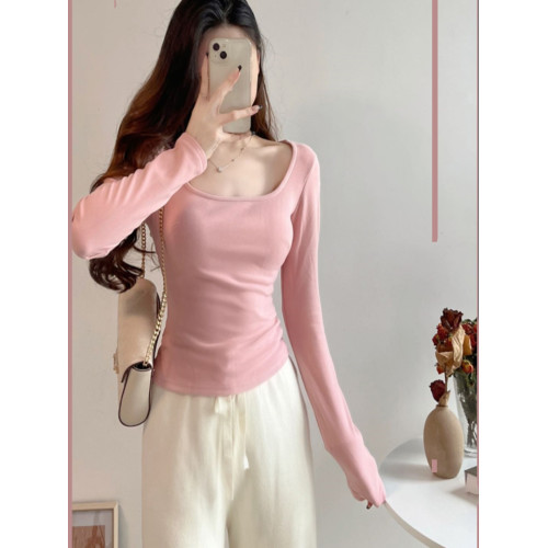 方領粉色內搭德絨打底衫女秋冬2025新款chic長袖t恤純欲低領上衣