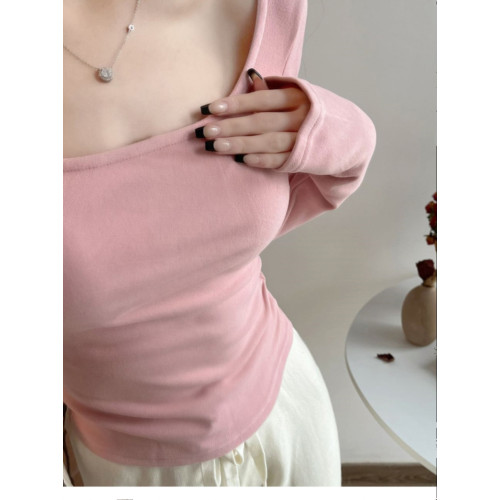 方領粉色內搭德絨打底衫女秋冬2025新款chic長袖t恤純欲低領上衣