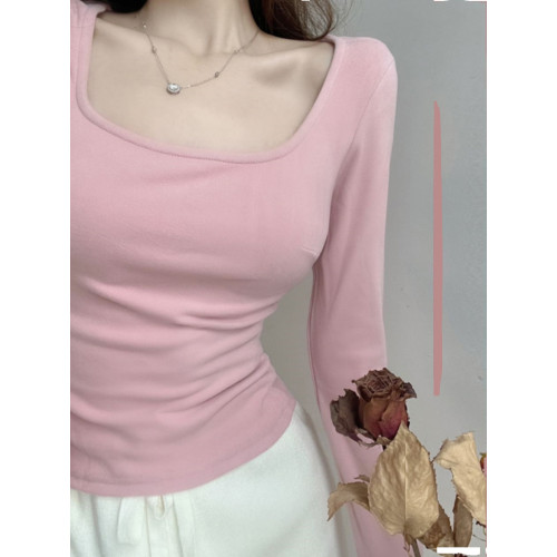 方領粉色內搭德絨打底衫女秋冬2025新款chic長袖t恤純欲低領上衣