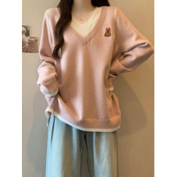 假兩件粉色V領針織衫小熊毛衣女秋季新款大碼胖mm寬鬆打底衫上衣