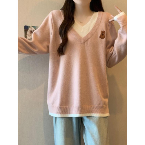 假兩件粉色V領針織衫小熊毛衣女秋季新款大碼胖mm寬鬆打底衫上衣