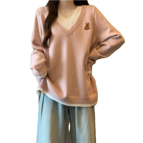 假兩件粉色V領針織衫小熊毛衣女秋季新款大碼胖mm寬鬆打底衫上衣