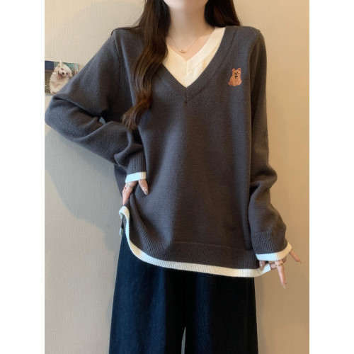 假兩件粉色V領針織衫小熊毛衣女秋季新款大碼胖mm寬鬆打底衫上衣