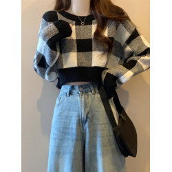 粉色格子截短款毛衣女秋冬高腰針織打底衫小個子上衣