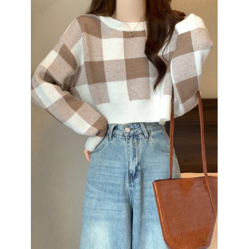 粉色格子截短款毛衣女秋冬高腰針織打底衫小個子上衣