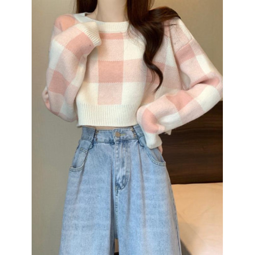 粉色格子截短款毛衣女秋冬高腰針織打底衫小個子上衣
