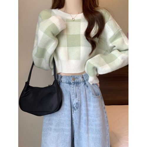 粉色格子截短款毛衣女秋冬高腰針織打底衫小個子上衣