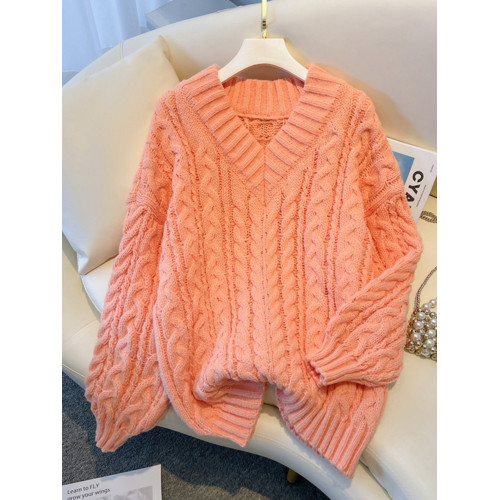 超好看粉色麻花V領毛衣女秋季新款大碼胖mm顯瘦漂亮中長款針織衫