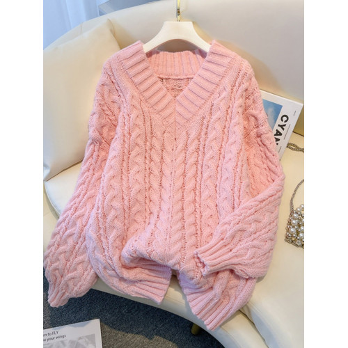 超好看粉色麻花V領毛衣女秋季新款大碼胖mm顯瘦漂亮中長款針織衫