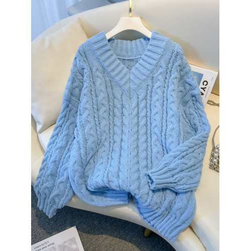 超好看粉色麻花V領毛衣女秋季新款大碼胖mm顯瘦漂亮中長款針織衫