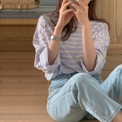 韓版粉色條紋T恤女2025春新款寬鬆長袖休閒長袖打底衫設計感上衣