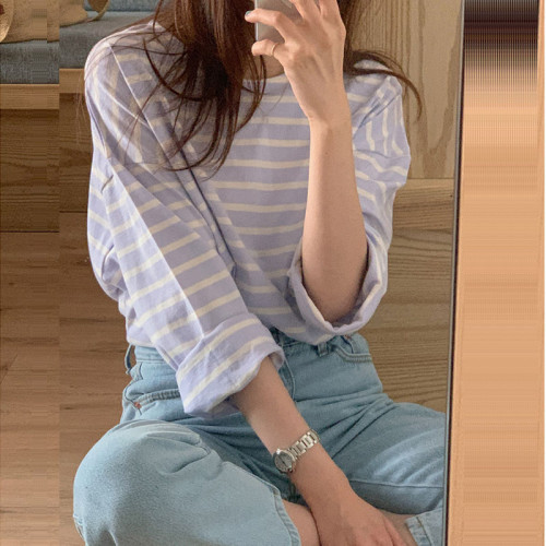 韓版粉色條紋T恤女2025春新款寬鬆長袖休閒長袖打底衫設計感上衣