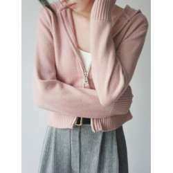 粉色高級感毛衣外套女春秋設計感小衆連帽雙拉鍊針織開衫短款上衣