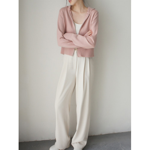 粉色高級感毛衣外套女春秋設計感小衆連帽雙拉鍊針織開衫短款上衣