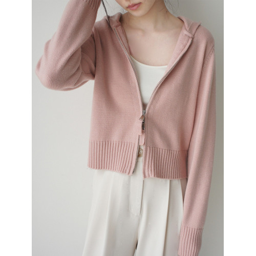 粉色高級感毛衣外套女春秋設計感小衆連帽雙拉鍊針織開衫短款上衣