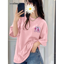 日系甜妹穿搭粉色短袖t恤女夏季新款設計感星之卡比落肩半袖上衣u