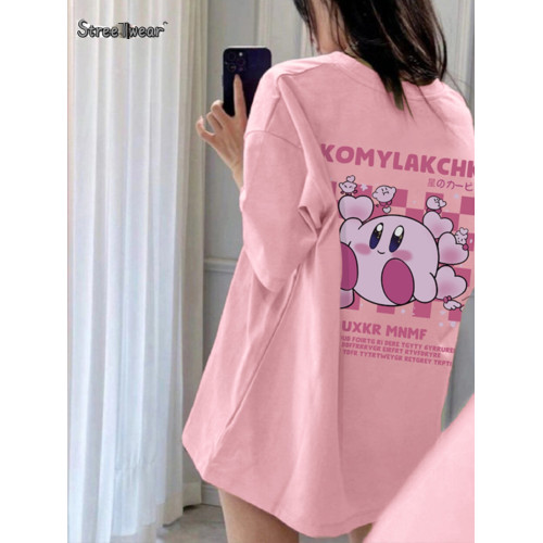 日系甜妹穿搭粉色短袖t恤女夏季新款設計感星之卡比落肩半袖上衣u