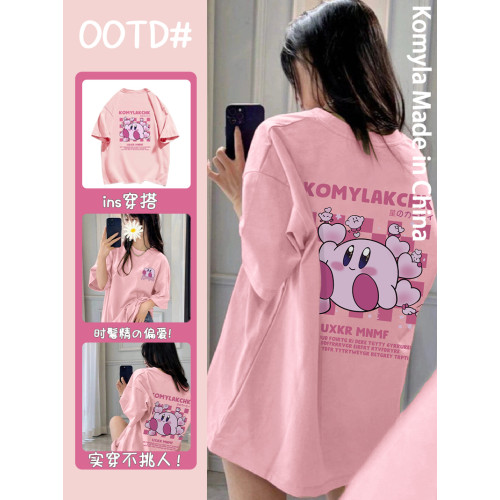 日系甜妹穿搭粉色短袖t恤女夏季新款設計感星之卡比落肩半袖上衣u