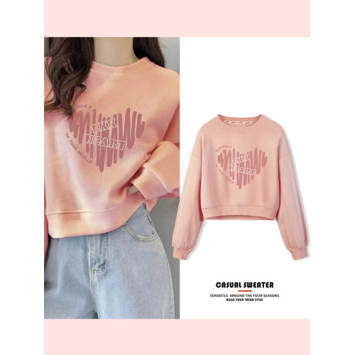 粉色秋冬愛心衛衣女裝小個子2025年新款圓領短款高腰秋冬薄款上衣