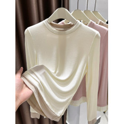 超彈皮膚衣粉色打底衫女春秋高級圓領撞色內搭莫代爾薄款T恤上衣