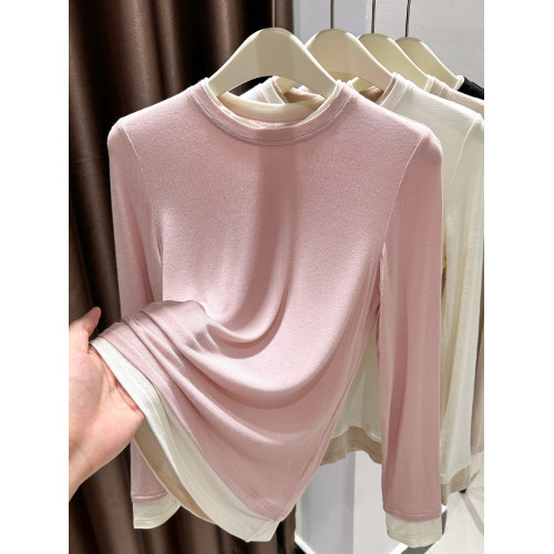 超彈皮膚衣粉色打底衫女春秋高級圓領撞色內搭莫代爾薄款T恤上衣