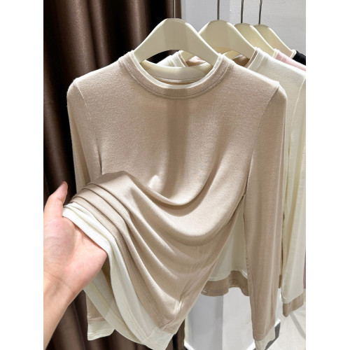 超彈皮膚衣粉色打底衫女春秋高級圓領撞色內搭莫代爾薄款T恤上衣