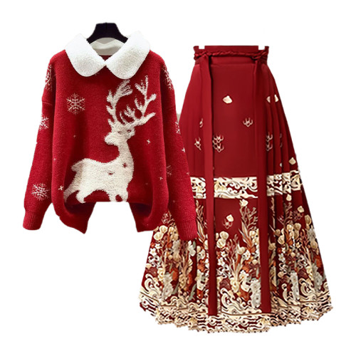 大碼女秋冬聖誕套裝裙新中式小香風過年紅色針織毛衣馬面裙兩件套