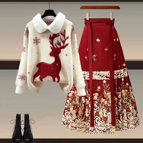 大碼女秋冬聖誕套裝裙新中式小香風過年紅色針織毛衣馬面裙兩件套