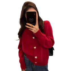 新年紅色毛衣開衫外套女款2026新款寬鬆慵嬾風軟糯內搭針織衫上衣