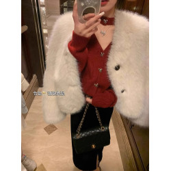 紅色毛衣女秋冬鏤空v領掛脖亮絲針織開衫外套新年戰袍氛圍感上衣