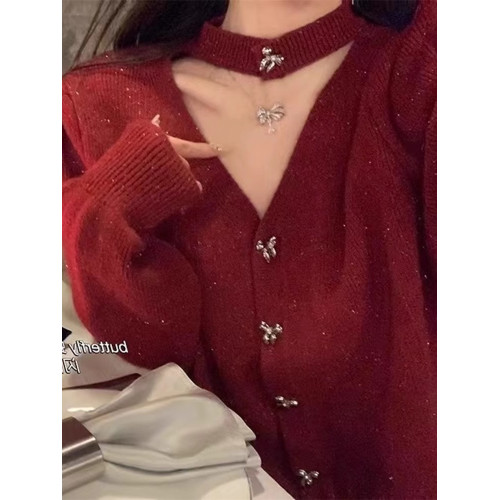 紅色毛衣女秋冬鏤空v領掛脖亮絲針織開衫外套新年戰袍氛圍感上衣