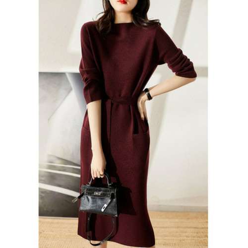 新年戰袍酒紅色系帶收腰毛衣裙女秋冬新款內搭開叉長袖針織連衣裙