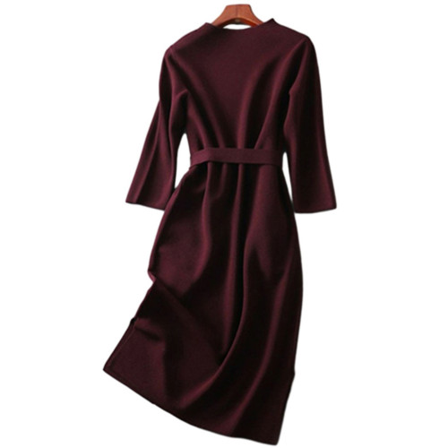 新年戰袍酒紅色系帶收腰毛衣裙女秋冬新款內搭開叉長袖針織連衣裙