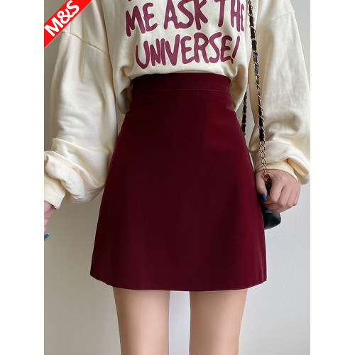 酒紅色高腰半身裙女2026春秋安哥拉紅裙子包裙A字短裙聖誕包臀裙