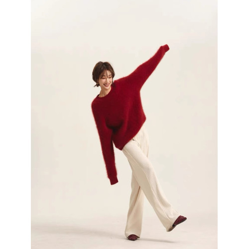 2025新款聖誕紅色毛衣女法式絕美秋冬加厚圓領慵嬾風套頭針織上衣