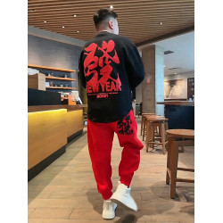 2024新年款加絨發財發泡印花衛衣衛褲兩件套男女同款國風休閒套裝