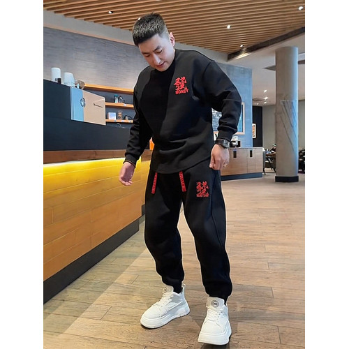 2024新年款加絨發財發泡印花衛衣衛褲兩件套男女同款國風休閒套裝