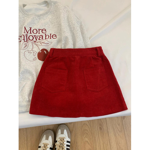 大碼高腰燈芯絨半身裙a字裙秋冬小個子新年春季穿搭紅色包臀短裙