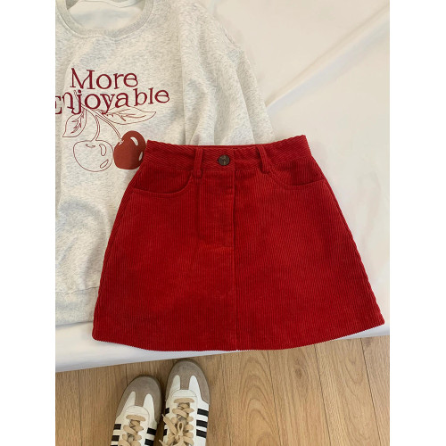 大碼高腰燈芯絨半身裙a字裙秋冬小個子新年春季穿搭紅色包臀短裙