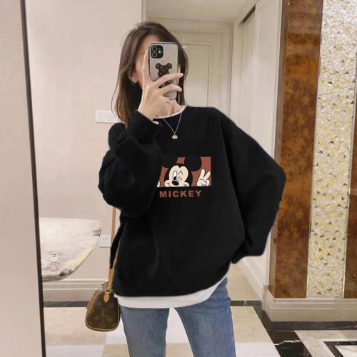 圓領套頭印花打底衫加絨加厚衛衣女秋冬季粉色上衣寬鬆韓版潮外套