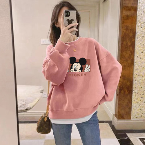 圓領套頭印花打底衫加絨加厚衛衣女秋冬季粉色上衣寬鬆韓版潮外套