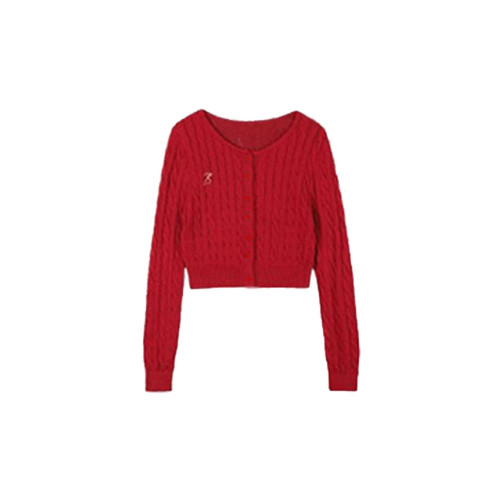 本命年新年戰袍紅色麻花毛衣開衫女秋冬季小個子修身短款針織外套