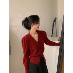 女裝本命年設計感炸街別致絕美新年紅色軟糯針織開衫毛衣外套女