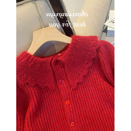 別致漂亮新年紅色娃娃領針織開衫女秋冬高級感馬海毛毛衣外套上衣
