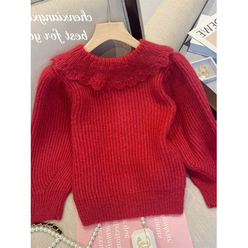 別致漂亮新年紅色娃娃領針織開衫女秋冬高級感馬海毛毛衣外套上衣