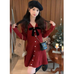 蝴蝶結新年紅色針織連衣裙女秋冬顯瘦V領氣質內搭打底毛衣短裙子