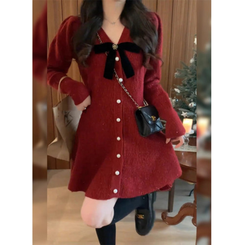 蝴蝶結新年紅色針織連衣裙女秋冬顯瘦V領氣質內搭打底毛衣短裙子